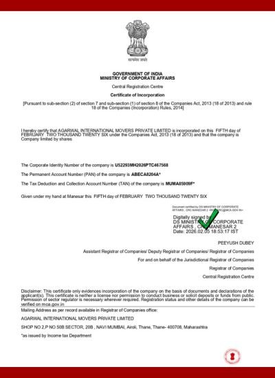 CIN certificate of Agarwal International Movers Private Limited